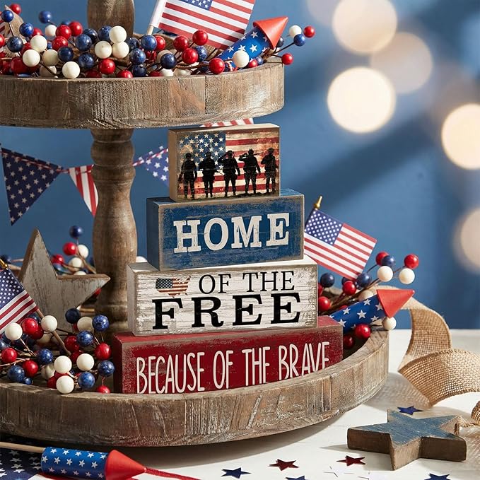 4 Pcs Patriotic Memorial Day Decorations 4th of July Tabletop Decorations Red White Blue Table Centerpieces Fourth of July Wooden Sign for Office Tiered Tray Home Shelf 250th Anniversary