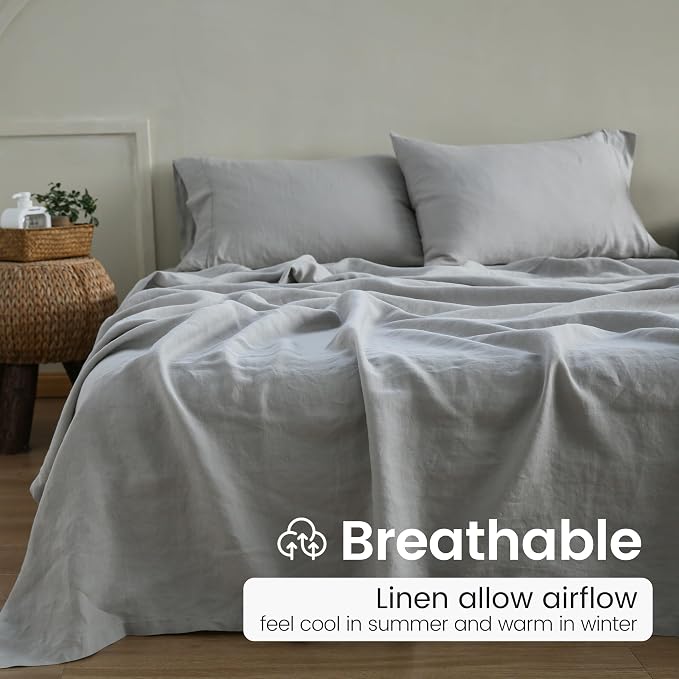 100% French Linen Pillowcases with Embroidery - Pack of 2 - Washed Solid Color Natural Flax Soft Breathable - Grey, 20'' x 40''