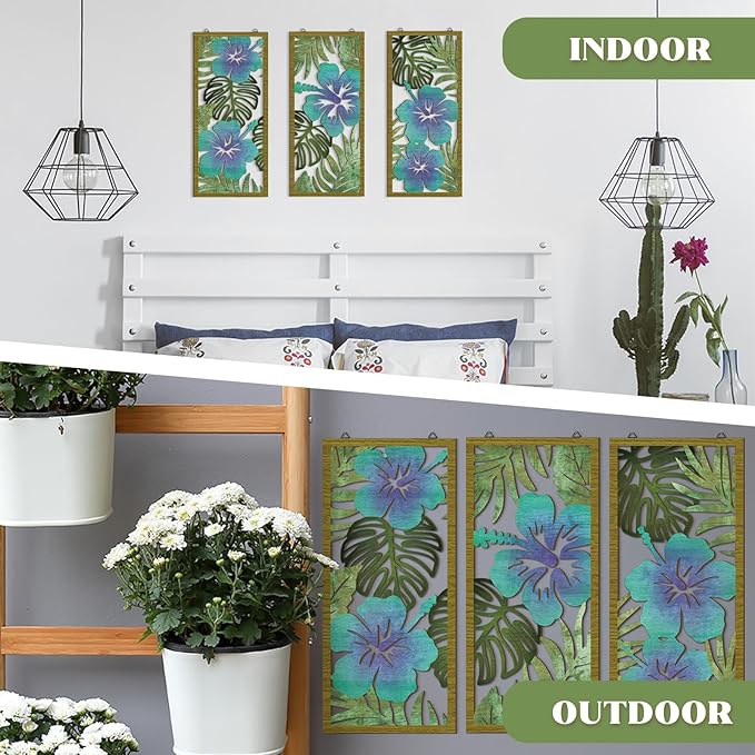 Threehoney 3 Pcs Tropical Wall Decor 3d Wooden Palm Leaf Wall Art Monstera Sculptures Wood Hibiscus Flowers Hanging Decor Vintage Plant Plaque for Home Bathroom 7.09 x 15.75 Inch(Fresh Style)