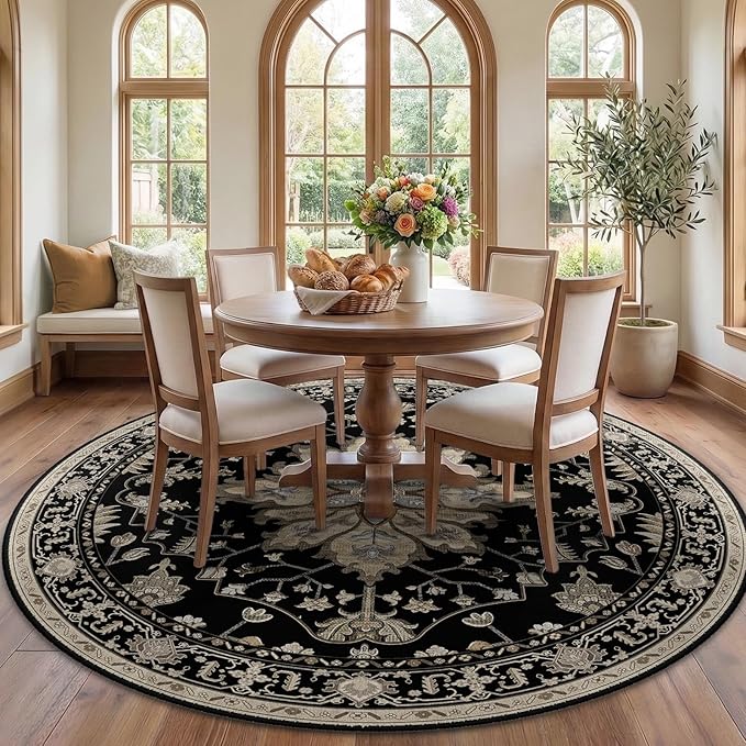 RELEANY Area Rugs 7ft Washable Non-Slip, Floral Vintage Distress Print Pattern Medallion Carpet for Living Room Bedroom Dining Room, Black Brown Neutral Dark Tan