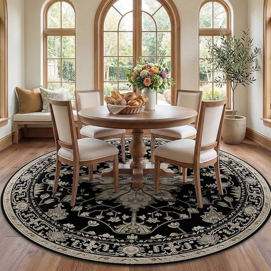 RELEANY Area Rugs 7ft Washable Non-Slip, Floral Vintage Distress Print Pattern Medallion Carpet for Living Room Bedroom Dining Room, Black Brown Neutral Dark Tan