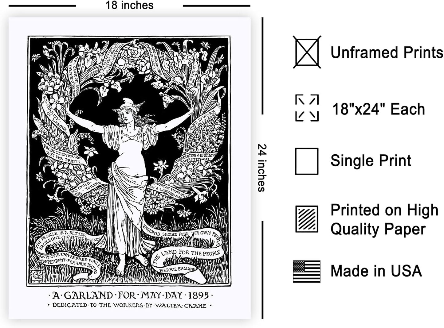 Poster Master Vintage Walter Crane Poster - Retro A Garland for May Day Print - Socialist Art - Gift for Him, Her, Men, Women - Wall Decor for Home, Office, Living Room, 18x24 Unframed Wall Art