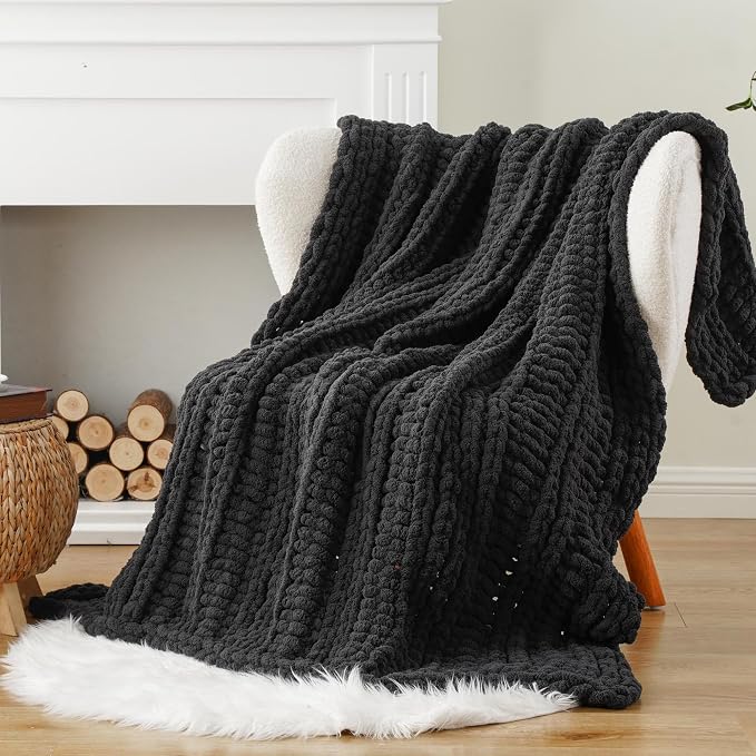 Battilo Chunky Knit Throw Blanket for Couch, 50"x60", Charcoal | Hand Knit, Dark Grey Throw Blanket, Cozy Warm Thick Soft Chenille Throw Blanket for Bed, Sofa, Living Room