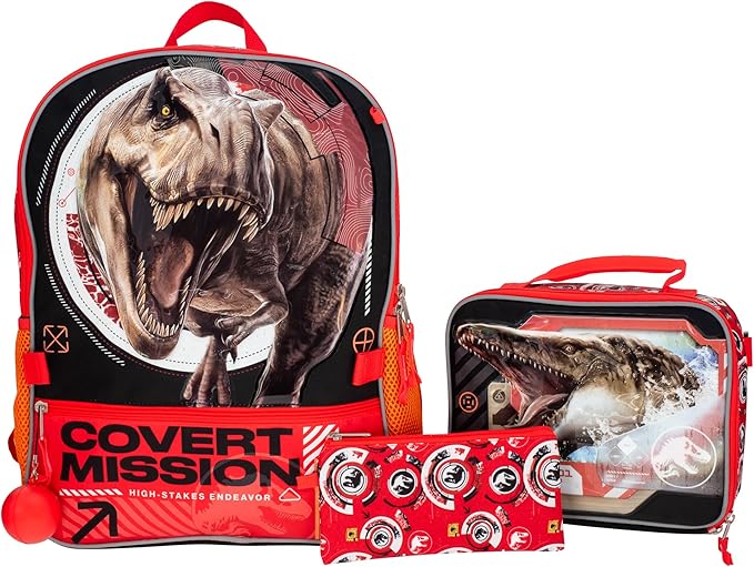 AI ACCESSORY INNOVATIONS Jurassic World 5 PC Backpack Set, Girls & Boys Big Face School Bag 16” with Front Zip Pocket