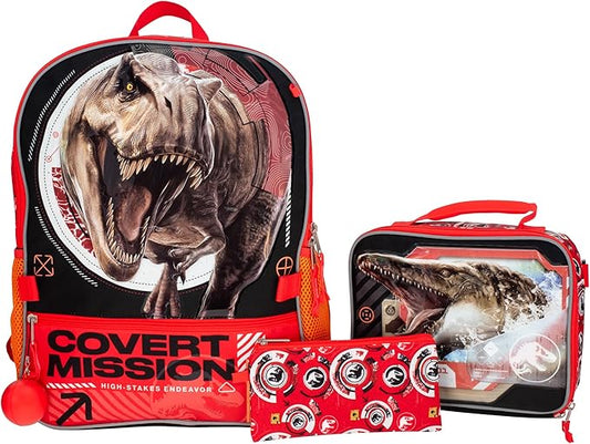 AI ACCESSORY INNOVATIONS Jurassic World 5 PC Backpack Set, Girls & Boys Big Face School Bag 16” with Front Zip Pocket