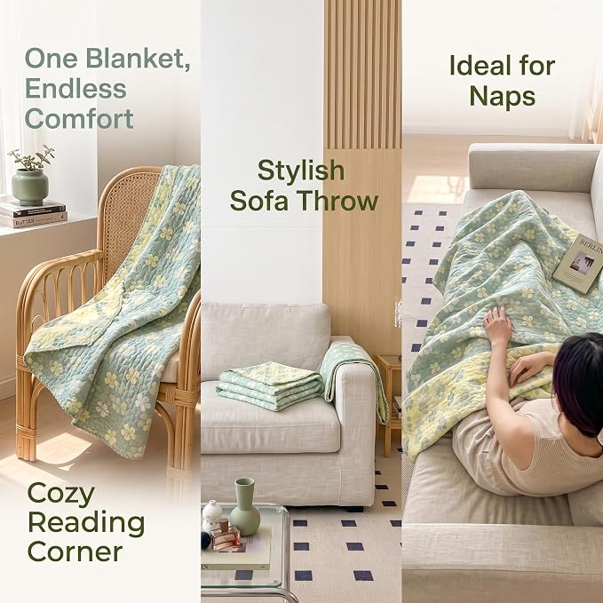 NIDITW Checkerboard Cotton Muslin Throw Blanket for Couch 6-Layer Checkered Gauze Blanket Soft Breathable All Season for Couch Bed Sofa (Four-Leaf Clover, King)