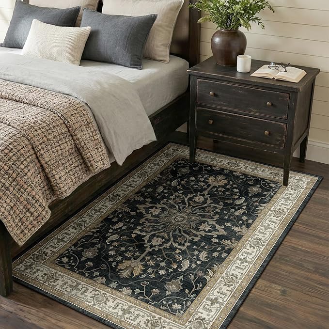 RELEANY Area Rugs 3'x5' Washable Non-Slip, Floral Vintage Distress Print Pattern Medallion Carpet for Living Room Bedroom Dining Room, Vintage Black Brown Neutral