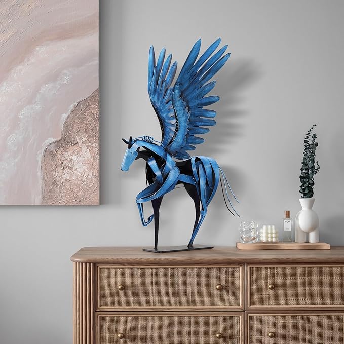 SunBlogs Art Horse Statue Décor Artwork, 24" H Handmade Metal Pegasus Greek Flying Horse Sculpture, Hand-Painted Animal Figurines for Home Living Room Office (Vintage Blue with Wings)
