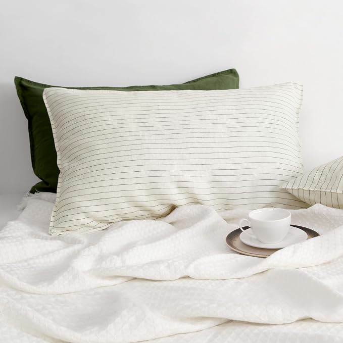 Striped Linen Pillow Cases Set of 2,20"x40" King Size,100% French Natural Flax Soft Linen Pillowcases,Olive Green Pinstripe