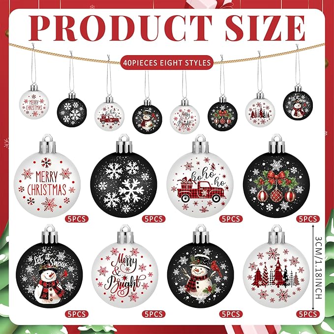 HyDren 40 Pcs Mini Christmas Tree Ornaments Black White Snowman Christmas Decoration 1.2 Inch Mini Hanging Xmas Ball Ornaments for Xmas Holiday Wedding Decorations