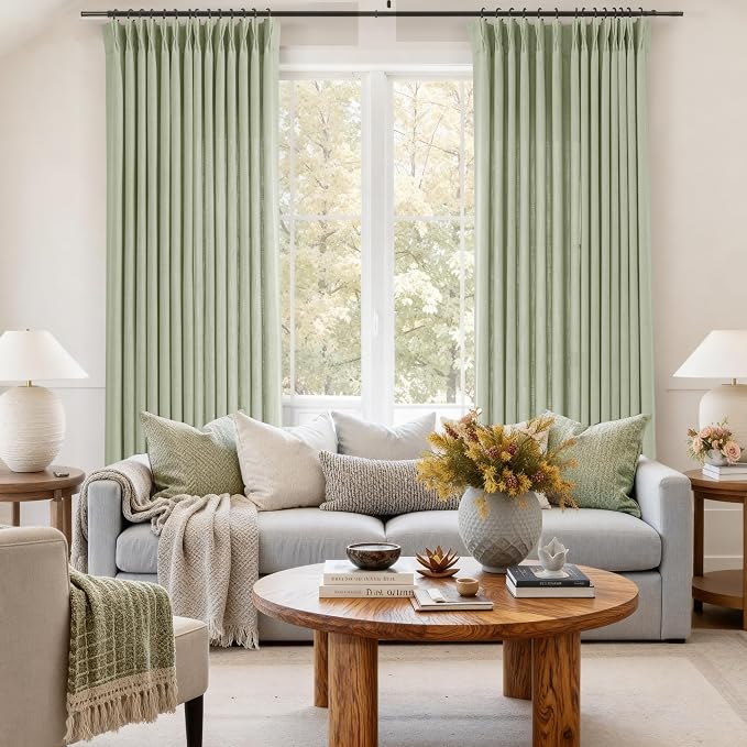 Sage Green Pinch Pleated Linen Curtains 72 Inch Length 2 Panels for Living Room Bedroom Textured Semi Sheer Drapes Pinch Pleat Rings Window Curtain 40x72