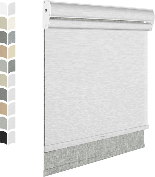 BERISSA Cordless Dual Roller Shades with Cassette Valance, Double Window Shades with Blackout and Light Filtering, Day and Night for Home Office Doors. Linen Grey and White. 64 W x 36" H
