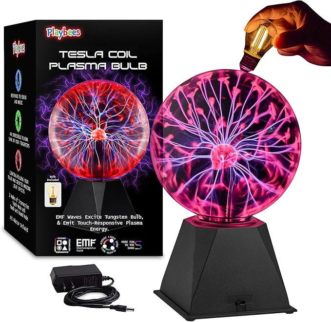Playbees Red Plasma Ball - 7 Inch - Tesla Coil Bulb Static Electricity in a Vacuum Pressurized Glass Globe, Nebula Thunder Lightning, Plug-in - for Parties, Decorations, Prop, STEM