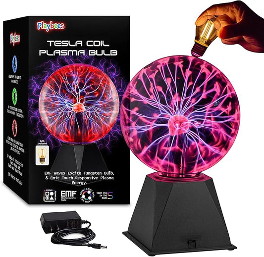 Playbees Red Plasma Ball - 7 Inch - Tesla Coil Bulb Static Electricity in a Vacuum Pressurized Glass Globe, Nebula Thunder Lightning, Plug-in - for Parties, Decorations, Prop, STEM