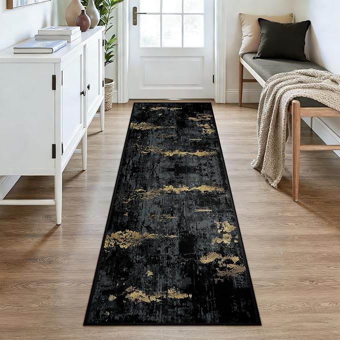 RELEANY Washable Area Rugs 2'6''x8 Non-Slip Modern Abstract Soft for Living Room Entryway Bedroom Nursery, Print Pattern, Dark Black Gold