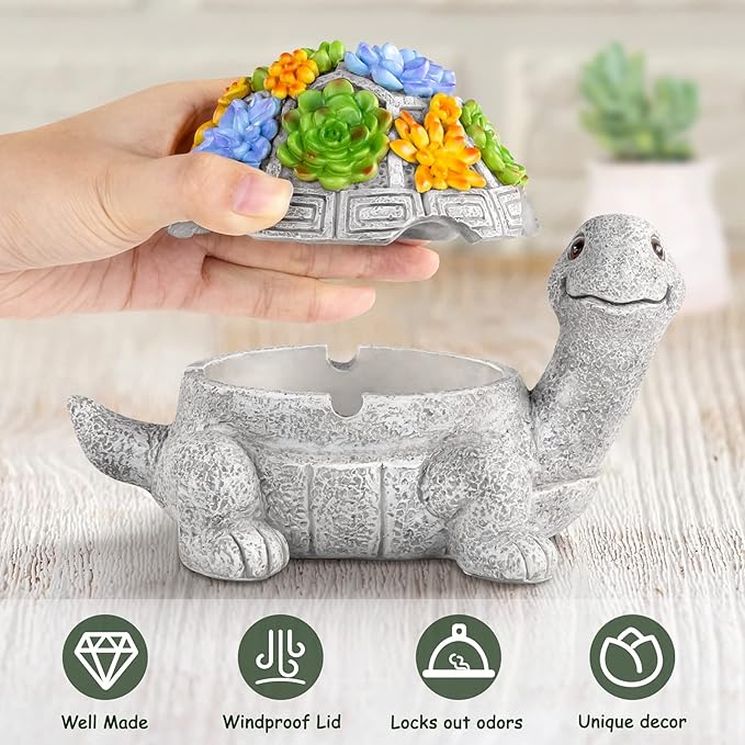 LESES Ashtray, Outdoor Ashtray with Lid Smokeless Waterproof Ash Tray with Cute Turtle Decor, Resin Ashtrays for Cigarettes Home Office, Porch Patio Decorations Indoor