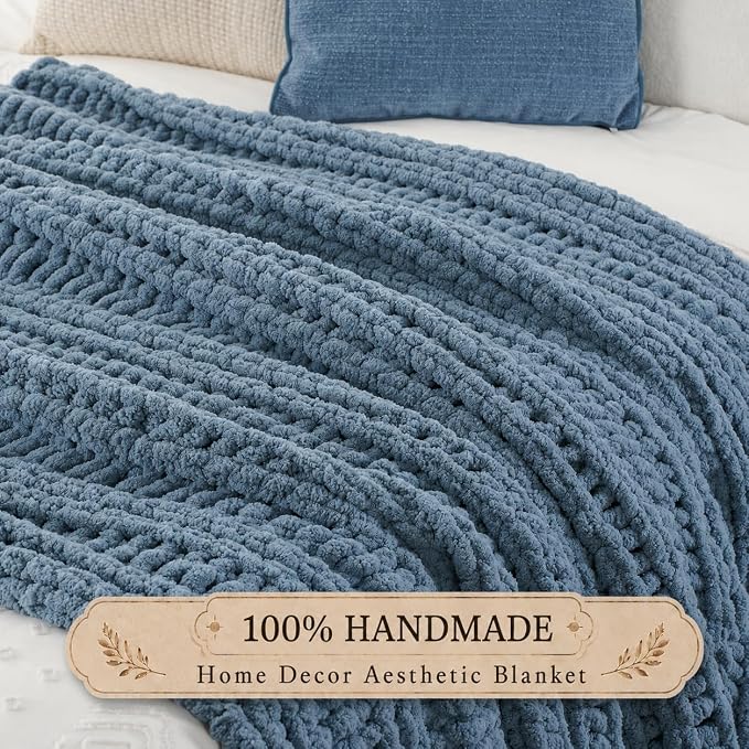 Battilo Chunky Knit Throw Blanket for Couch, 50"x60", Dusty Blue | Hand Knit, Cozy Warm Thick Soft Chenille Throw Blanket for Bed, Sofa, Living Room