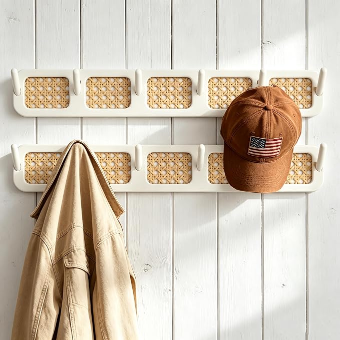 Coat Rack Wall Mount, Rattan Coat Hooks Hanger Wall Mounted | 6 Heavy Duty Bamboo Hooks Rack Rail for entryway Hanging Clothes Hats Bags Jackets Towels Plants,Natural