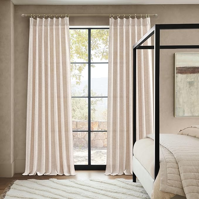 Natural Linen Blend Short Drapes 63 Inches Long 2 Panels Set for Kitchen Window Over Sink, Pinch Pleated Light Filtering Farmhouse Sheer Curtains with Hooks Rings Back Tab 40x63 Inch Flax Cafe Curtain