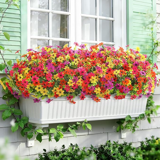 SHareconn 36 Bundles Artificial Flowers for Outdoors Spring Decoration, Fake Silk Realistic Faux Plants UV Resistant for Outside Planter Porch Patio Summer Indoor Decor, RedRose PurpleYellowOrange