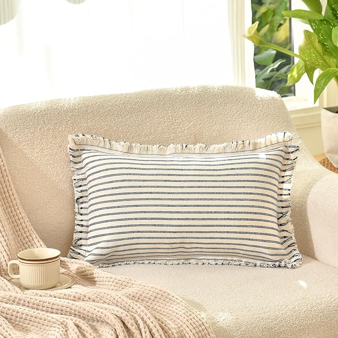 ZWJD Throw Pillow Covers 12x20 Set of 2 Striped Pillow Covers with Fringe Chic Cotton Decorative Pillows Square Cushion Covers for Sofa Couch Bed Living Room Farmhouse Decor, (Navy)