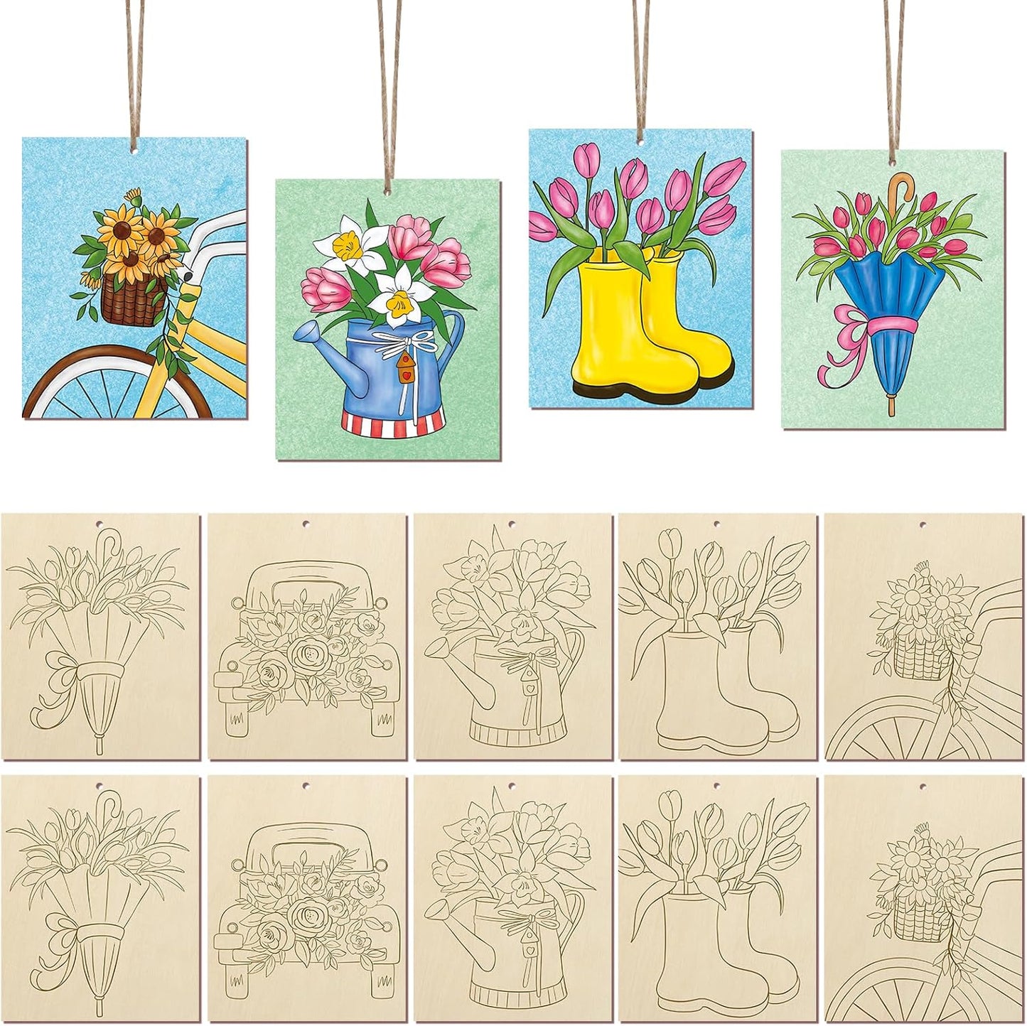 COCHIE 10 Pieces Large Spring Unfinished Wood Crafts to Paint for Adults and Kids, Bulk Predrilled Wooden Ornaments for Painting, Tulips Flowers Paintable Wood Slices Craft Supplies with Ropes