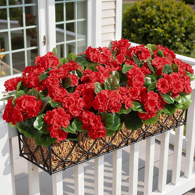 Alupssuc 24Pcs Artificial Geranium Flowers for Outdoors Decoration Silk Floral, UV Resistant Fake Plants, Faux Flower for Porch Garden Table Centerpieces Home Indoor Outside Spring Decor(24, Red)