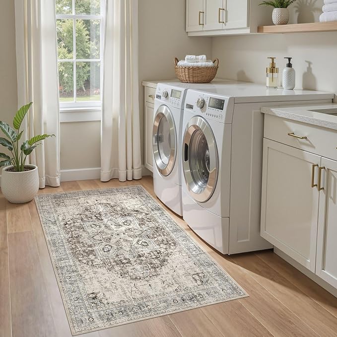 Tortania Area Rug Living Room Rugs - 3x5 Washable Boho Rug Vintage Oriental Distressed Farmhouse Small Thin Indoor Carpet for Living Room Bedroom Under Dining Table Home Office - Brown Blue