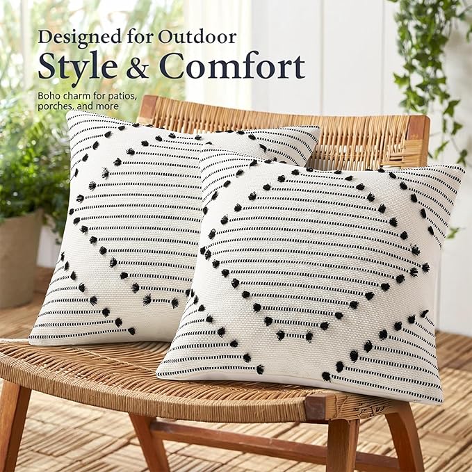 Mecatny Boho Summer Outdoor Throw Pillow Covers 18X18 Set of 2, Farmhouse Decorative Pillow Covers for Couch Sofa Living Room, Grey & Cream White