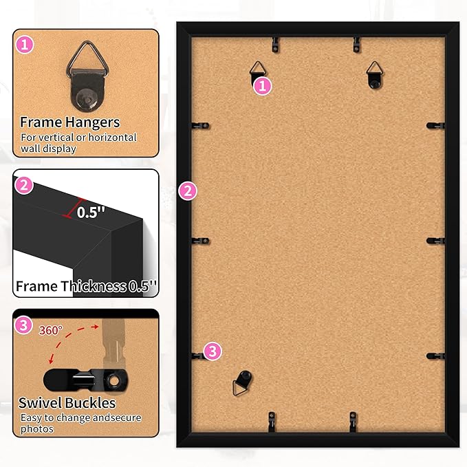 11x17 Picture Frame, Vertical or Horizontal Wall Hanging Frame for Photos, Posters & Art Prints, Display Pictures 9x15 with Mat or 11 x 17 Without, Black Frame with Clear Plexiglass, 2 Pack