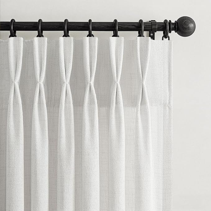Off White Pinch Pleated Short Curtains 63 Inch Length 2 Panels Set for Kitchen, Memory Shape Semi Sheer Thick Natural Linen Textured Curtain Light Filtering Privacy Cafe Windows Drapes 50 Inches Wide
