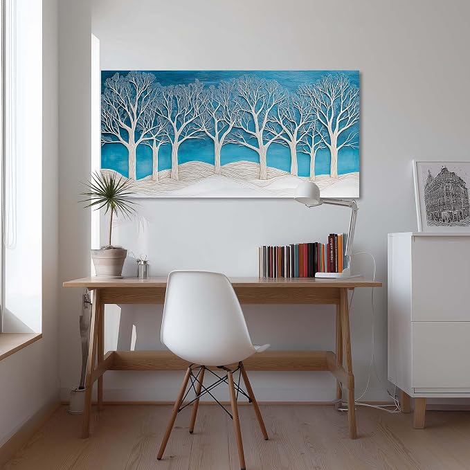 Ggaafet Abstract Forest Wall Art for Living Room Canvas Painting Prints Beautiful Blue Snow Wood Art Deco Modern Artwork Office Bedroom Family Dining Room Decor Extra Large