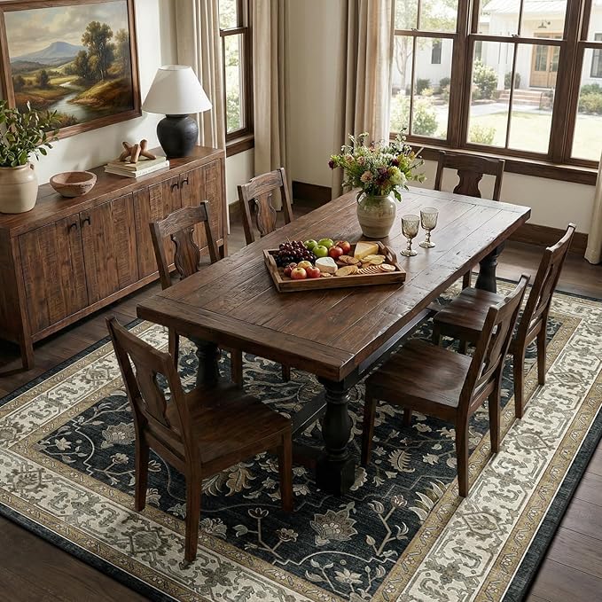RELEANY Area Rugs 7'x10' Washable Non-Slip, Floral Vintage Distress Print Pattern Medallion Carpet for Living Room Bedroom Dining Room, Vintage Black Brown Neutral