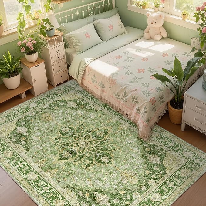 RELEANY Area Rugs 5'x7' Washable Non-Slip, Floral Vintage Distress Print Pattern Medallion Carpet for Living Room Bedroom Dining Room, Sage Green Yellow