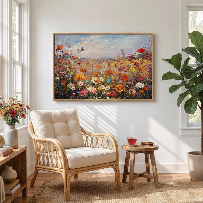 Framed Colorful Floral Botanical Wall Art, Flower Landscape Canvas Prints for Modern Farmhouse, Rustic Natural Wildflower Pictures for Living Room Bedroom Dining Room Office Wall Decor, 24x36 Inch