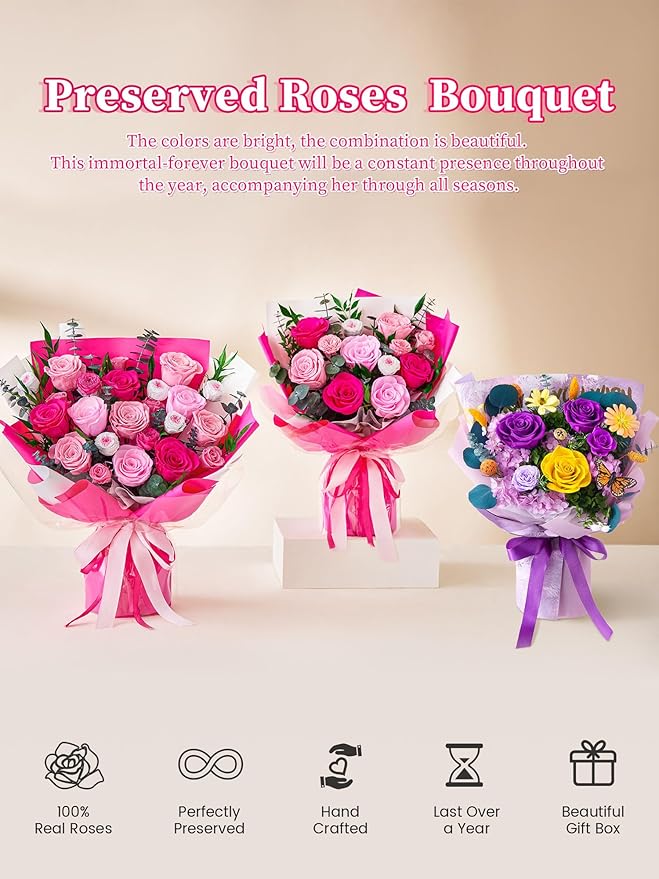 Flowers for Delivery Prime Forever Flowers Preserved Roses Bouquets Purple Flower Birthday Gifts for Women Valentine's Day Mothers Day Graduation