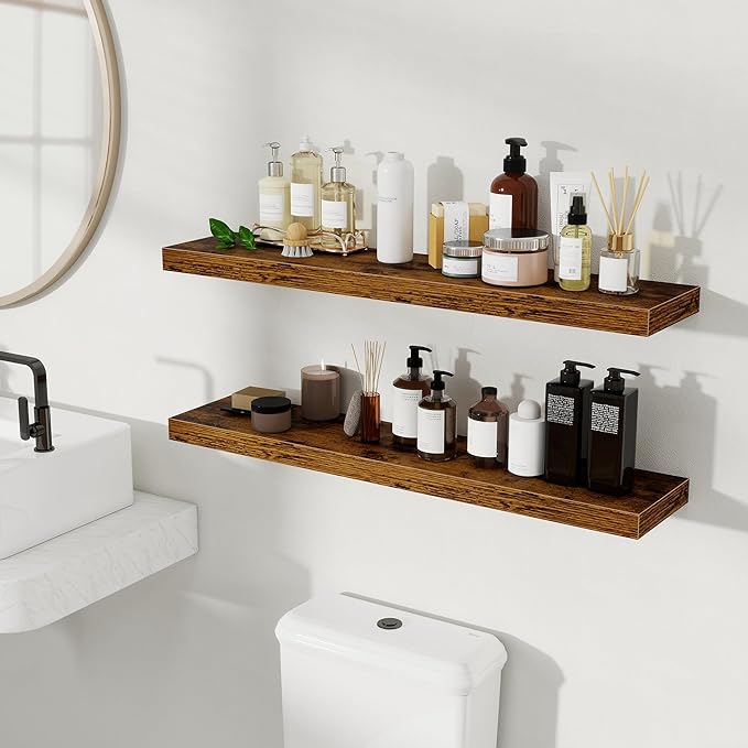 Fun Memories Floating Shelves for Wall, Rustic Wood Wall Mounted Shelves for Bathroom, Bedroom, Living Room and Kitchen, Storage & Home Decor (Set of 2, Brown, 36 in)