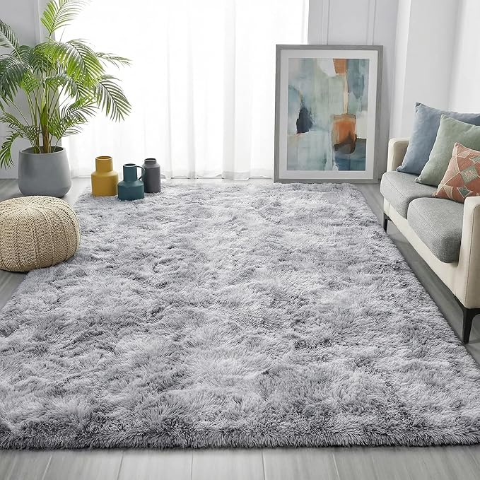 PAGISOFE Abstract Shaggy Machine Washable Area Rug 4' x 6' Plush Soft Fluffy Fuzzy Furry Carpet for Living Room, Home Decor Aesthetic Tie-Dyed Light Grey Bedside Rugs, Nursery Grils Boys Kids Room
