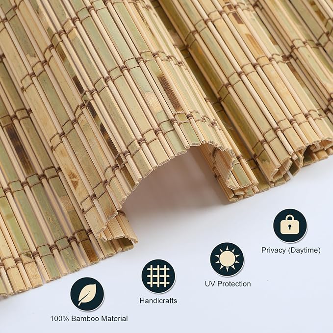 Cordless Wood Window Blinds, Bamboo Sheer Light Filtering Woven Roman Shades, Tiger Wood, 25" W X 64" H