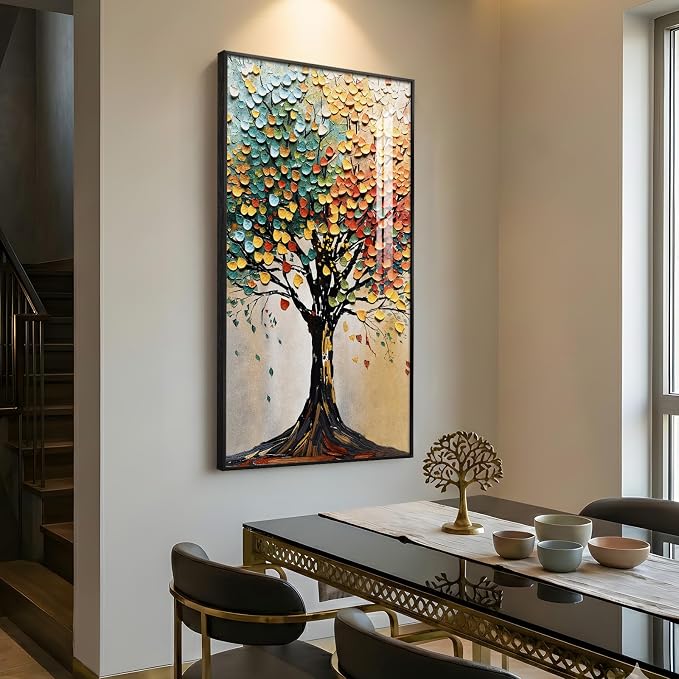 Large Framed Vertical Tree of Life Wall Art for Living Room, Modern Abstract Colorful Tree Painting Prints Artwork for Walls, Contemporary Luxury Pictures for Hallway Entryway Office Wall Decor, 30x60