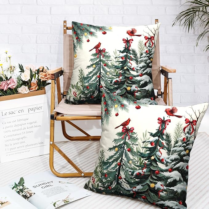 Set of 2 Christmas Tree Pillow Covers Snowy Pine Throw Pillow Covers 24x24 Green Xmas Tree Cardinal Bird Pillowcase Winter Holiday Cushion Case for Home Decor Couch Sofa