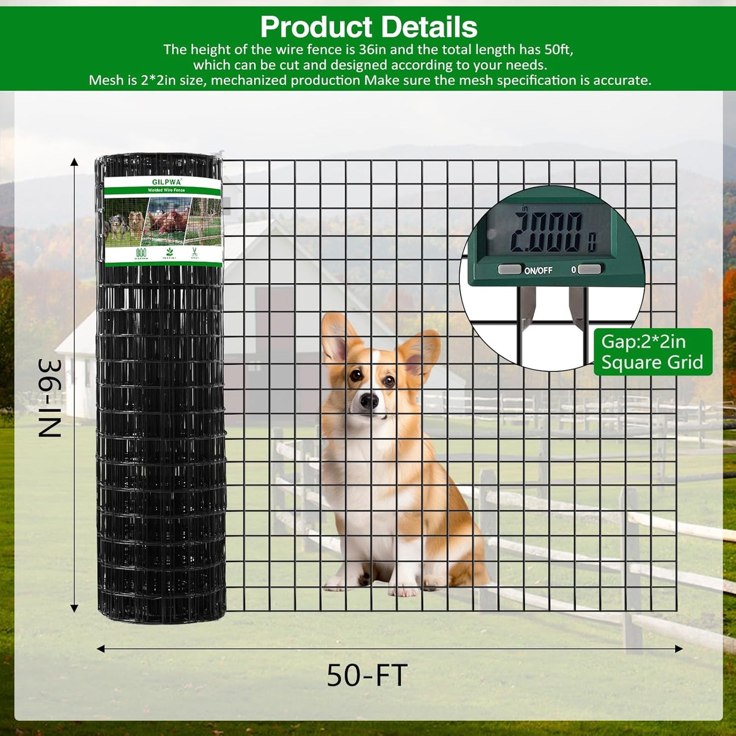 Wire Fence, 36 in(H) X 50 ft(L) PVC Coated Welded Wire Fencing 2" X 2" 16GA Garden Border Vinyl Metal Chicken Wire Fencing Mesh Roll for Yard Vegetable Plant Protection Poultry Netting Black