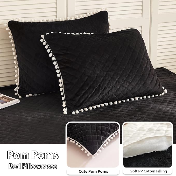 LIFEREVO Luxury Plush Shaggy Duvet Cover Set, Ultra Soft Fluffy Furry Duvet Cover Set(1 Faux Fur Fuzzy Comforter Cover + 2 Pom Poms Velvet Pillow Cases) Solid Bedding Set, Zipper Closure(King, Black)