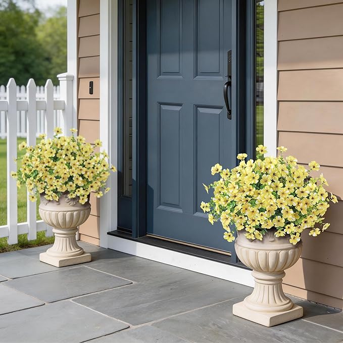 Artificial Morning Glory & Eucalyptus Topiary Trees - Set of 2 Faux Silk Flower Potted Plants, UV-Resistant Fake Outdoor Morning Glory Bushes for Front Door, Yard, Farmhouse, Garden Decor (Yellow)