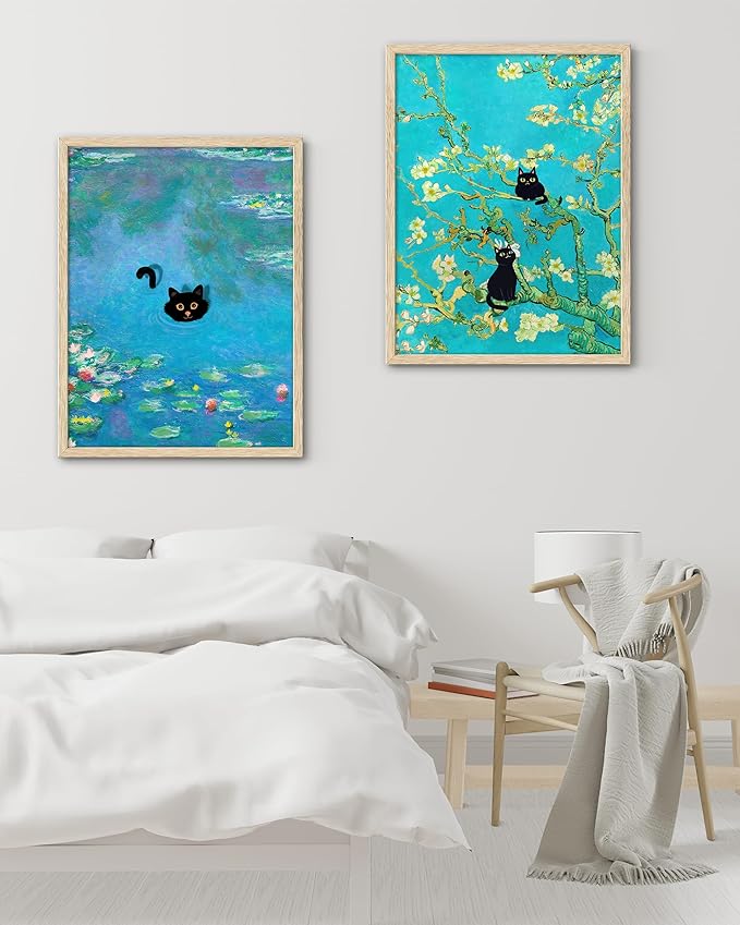 UPWOIGH Van Gogh Inspired Almond Blossom Wall Art with Black Cats, Blue Floral Canvas Print, Beige Oak Wood Framed 12x16 Inch Deco
