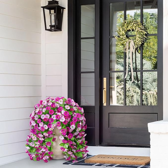 Ammyoo Artificial Fake Hanging Flowers Basket for Spring Decor, Faux Silk Flower in Planter for Summer, Outdoor Artificial Floral for Home Porch Yard(Double Lotus)