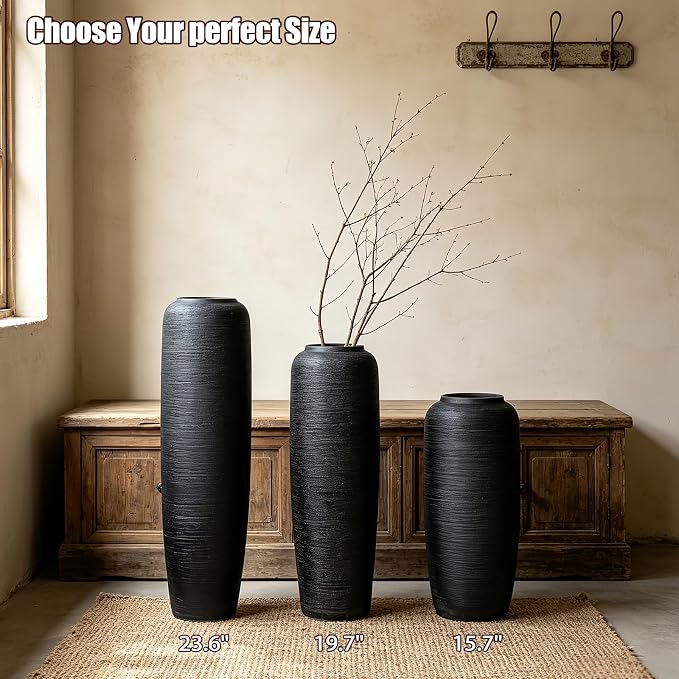 Large Rustic Ceramic Black Vase,23.6 Inch Tall Pottery Farmhouse Decor Floor Vase Vintage Flower Vases for Home Living Room Entryway Table Centerpiece Decor,Terracotta Vases,Wedding Gift