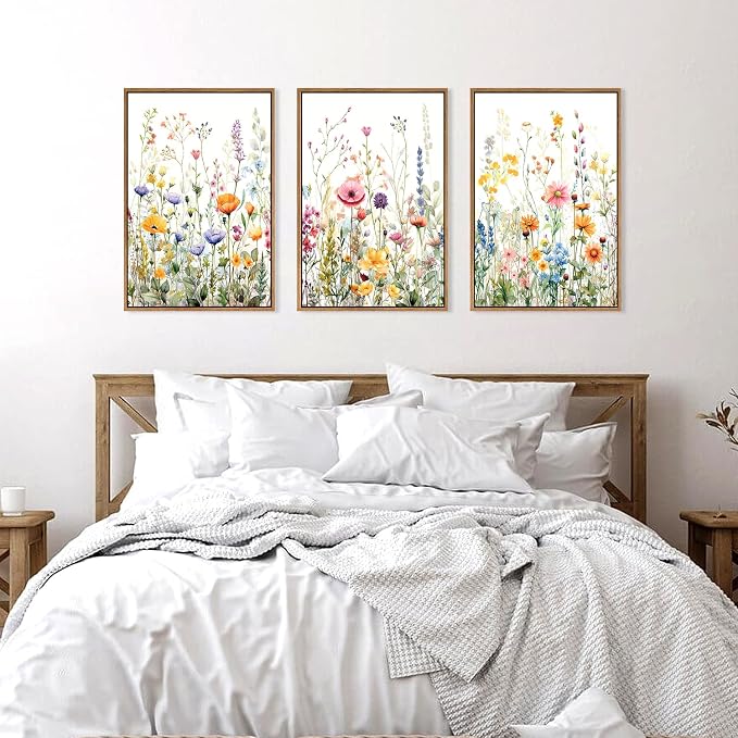 FWIEXA Wildflower Pictures Wall Decor, 3 Piece Floral Canvas Wall Art Set, Framed Watercolor Flower Painting, Colorful Botanical Artwork, 16x24 Inches Poster for Living Room, Bedroom, Nursery, Home