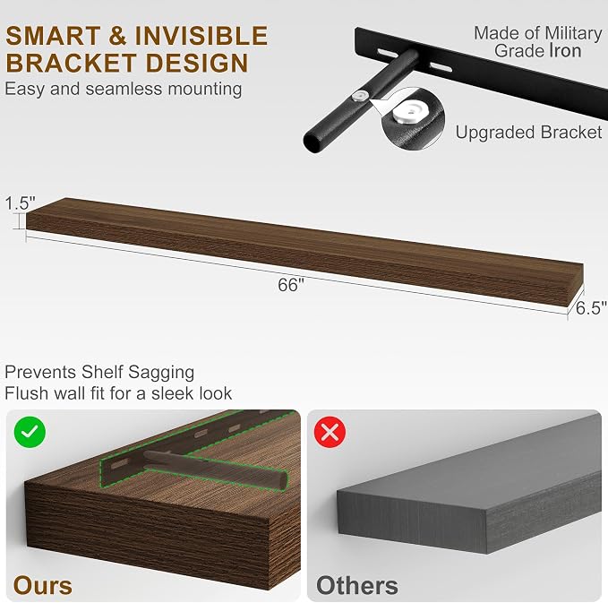 Fun Memories 66 Inch Fireplace Mantel - Long Floating Shelf, Wall Mounted Farmhouse Display with Invisible Heavy Duty Metal Bracket, Walnut, 2 Pack
