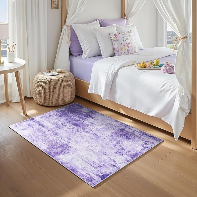 RELEANY Washable Area Rugs 3'x5' Non-Slip Modern Abstract Soft for Living Room Entryway Bedroom Nursery, Print Pattern, Purple Gray Pink White